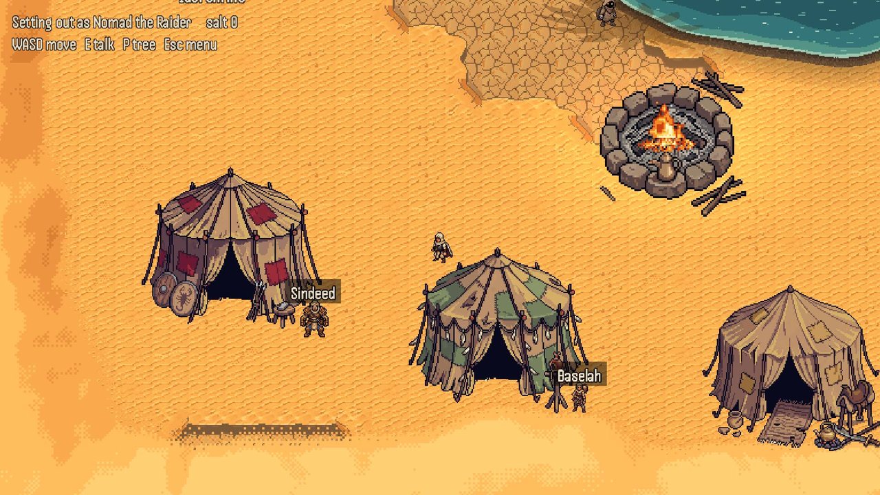 The Oasis Camp: tents for each wanderer around a fire by the water